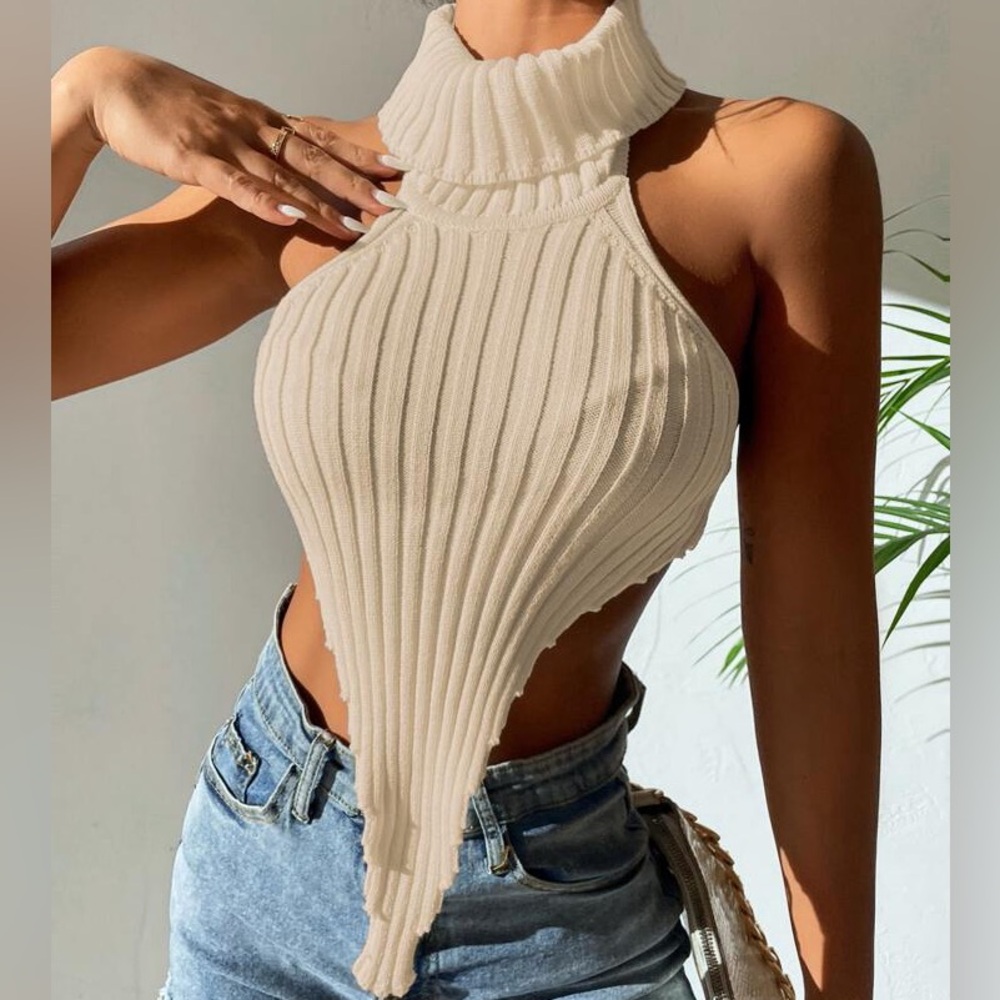 Rib Knit Turtleneck Backless Top